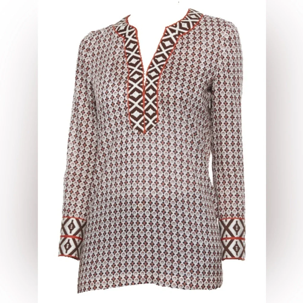 Tory Burch VGUC Printed Cotton Tunic Brown Ivory Size 10 Boho Resort